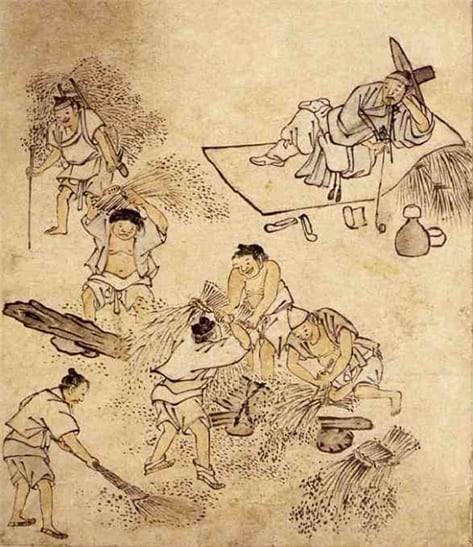 김홍도, “타작(打作).” 단원풍속도첩(檀園風俗畵帖). 종이에담채, 27cm x 22.7cm, 국립 중앙박물관 소장