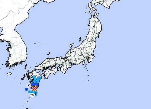 일본 가고시마현에서 지진 발생. '×' 표시가 진앙 위치. 일본 기상청 홈피 캡처, 연합뉴스