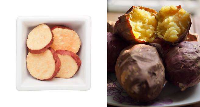 고구마는 생으로 먹을 때 혈당지수가 가장 낮다. 생고구마(왼쪽)와 군고구마 [123RF]