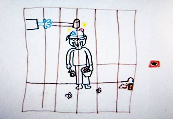 2009년 나영이(가명)가 심리치료 중 성폭행범 조두순을 처벌하고 싶은 마음을 담아 그린 그림. /KBS