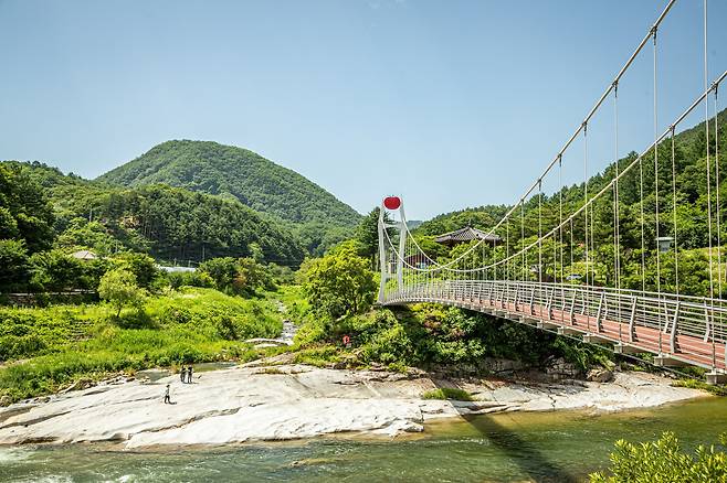 '신녀협' 위로는 '곡운구곡 출렁다리'가 놓여 있다. 출렁다리를 건너면 1km 정도의 숲 산책로가 이어진다. 숲 산책로 초입에서 바라본 신녀협 풍경. / 장은주 영상미디어 객원기자