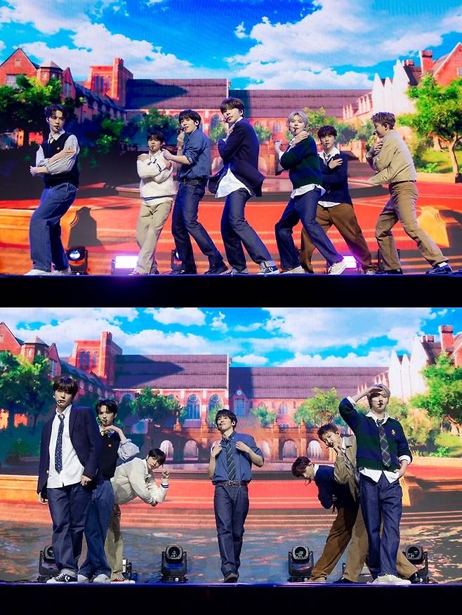 앰퍼샌드원이 데뷔 쇼케이스에서 타이틀곡 '온 앤 온' 무대를 하는 모습. FNC엔터테인먼트 제공