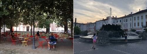 광장에서 시간을 보내는 사람들(좌), 아르누보 스타일의 거대 분수(우)