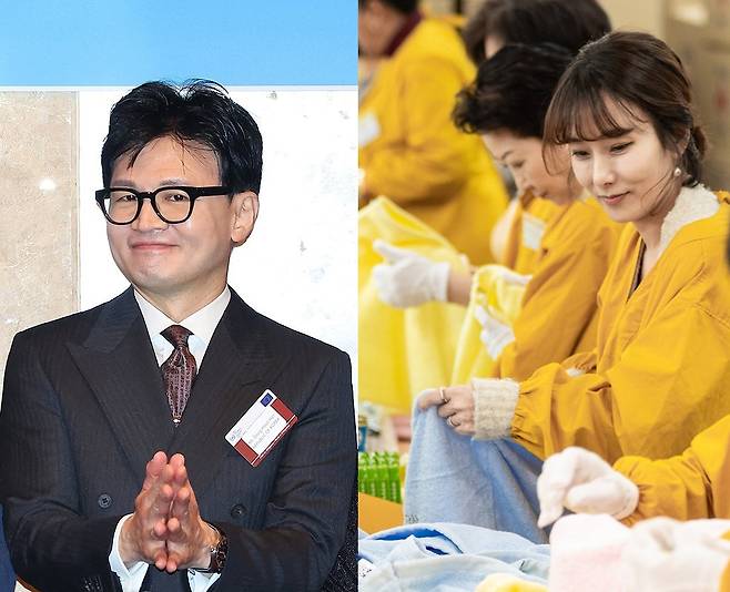지난 14일 서울 중구 롯데호텔에서 열린 법무부-국제형사재판소 고위급 공동세미나에 참석한 한동훈(왼쪽) 법무부 장관과 15일 서울 중구 대한적십자사 서울사무소에서 연말 이웃 돕기 2023 사랑의 선물을 제작하고 있는 부인 진은정 변호사 [연합 대한적십자사]
