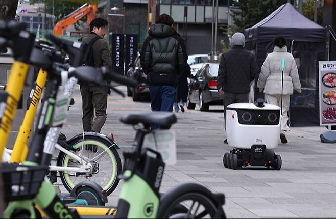 17일 서울 강남구 테헤란로에서 배달의민족이 운영하는 무인 배달로봇 '딜리'가 도로를 달리고 있다. 뉴시스