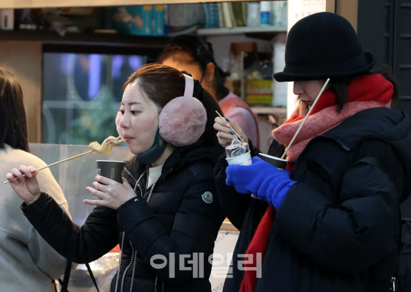 영하권 날씨를 보인 지난 12일 서울 중구 명동을 찾은 외국인들이 명동에서 어묵을 먹고 있다.(사진=방인권 기자)