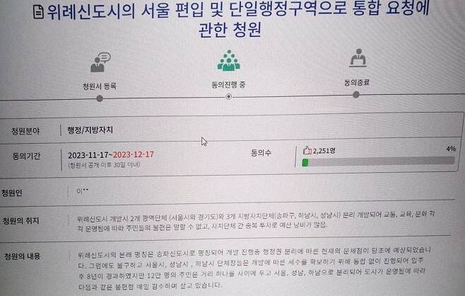 위례신도시 서울 편입 국민청원 [사진 = 국회 국민동의청원 게시판 갈무리]