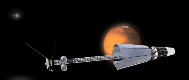 미 공군연구소(AFRL)와 록히드 마틴이 공동 개발한 원자로 장착 우주선이 화성 근처를 지나는 상상도. 록히드 마틴 제공