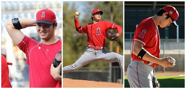 팔꿈치에 ‘펄스 스로’를 착용한 오타니 선수. <사진=닛칸스포츠, 스포니치>