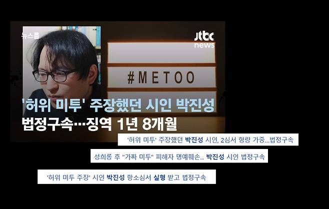 지난 8일, 자신이 성범죄 무고를 당했다며 피해 신고자의 신원을 공개하고 비난하던 시인 박진성이 명예훼손 혐의로 2심에서 1년8개월 실형을 선고받고 법정구속됐다. JTBC <뉴스룸> 보도 갈무리, 기사 제목 갈무리