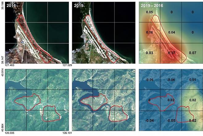 KAIST(한국과학기술원) 연구진이 분석한 북한의 2016년과 2019년 위성 영상과 경제 점수 차이. 관광개발구 중 하나인 원산 갈마지구(상단)는 유의미한 개발이 발견되었으나 공업개발구인 위원개발구(하단)는 변화가 나타나지 않았다. / 사진제공=KAIST(한국과학기술원)
