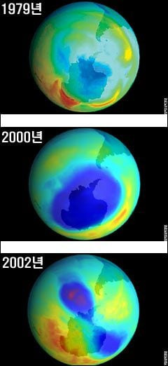 기온에 따라 크기가 바뀌는 남극 지방의 오존층. 이상 한파가 닥친 2000년(가운데), 오존 구멍이 1979년(맨 위)보다 훨씬 커진 것을 볼 수 있다. /CNN