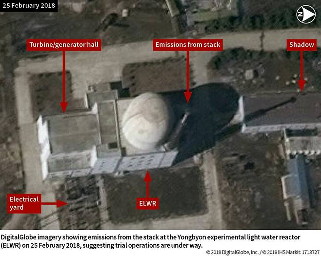 정보제공업체 아이에이치에스(IHS) 마킷이 2018년 3월 공개한 북한 평안북도 영변 핵시설 내 실험용 경수로(LWR) 모습. 아이에이치에스(IHS) 마킷 연합뉴스