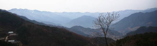 경남 함양 마천면 오도재에서 바라본 지리산 줄기에 봄을 시샘하는 듯 눈이 쌓여 하얗게 변해 있다. 함양군 제공