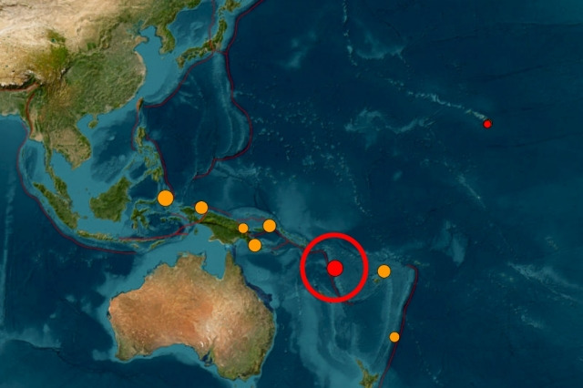 미국 지질조사국(USGS)은 22일(현지시간) 오후 3시47분쯤 바누아투 포트올리로부터 동쪽으로 98㎞ 떨어진 해저(빨간색 원)에서 규모 6.7의 강진이 발생했다고 밝혔다. USGS 홈페이지