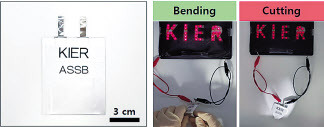 고성능 산화물 기반 전고체 전지를 개발중인 장보윤(위사진 왼쪽 두번째) 박사 연구팀과 연구팀이 개발한 전고체전지를 구부리고 자르는 상황에서도 안정적으로 구동되는 모습.[한국에너지기술연구원 제공]