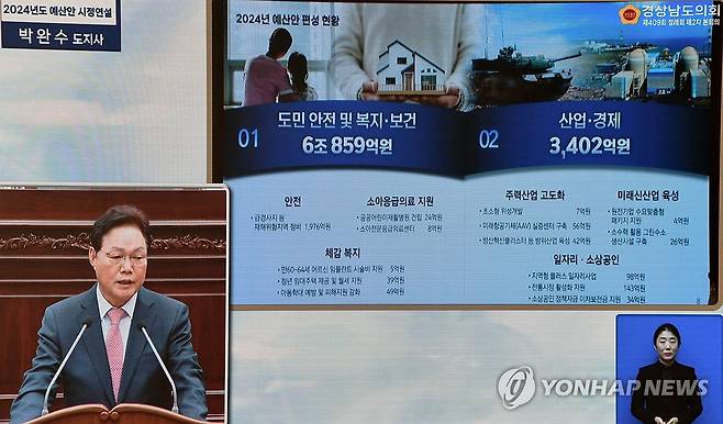 박완수 경남지사 시정연설 (창원=연합뉴스) 박완수 경남지사가 22일 제409회 정례회 2차 본회의에 출석해 2024년 예산안 시정연설을 하고 있다. 2023.11.21 [경남도 제공. 재판매 및 DB 금지] seaman@yna.co.kr