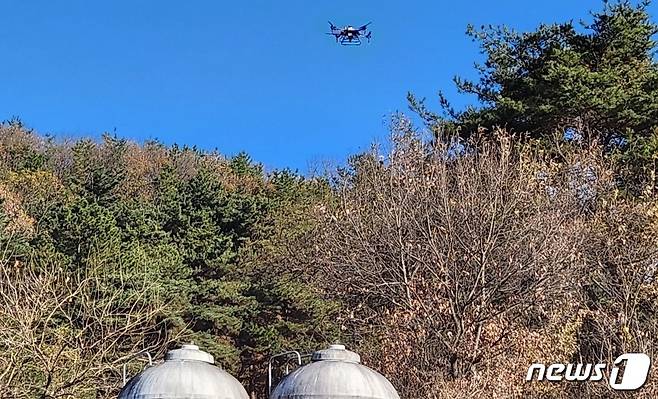 보은군과 한돈협회 보은군지부 관계자가 드론을 활용해 야생멧돼지 기피제를 살포하고 있다. (보은군 제공) /뉴스1