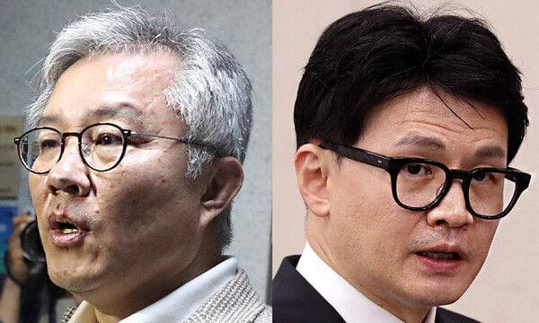 왼쪽부터 더불어민주당 최강욱 전 의원과 한동훈 법무장관. /뉴시스