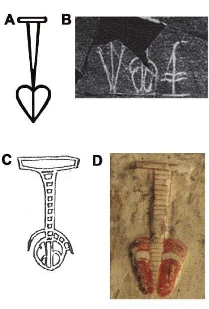 고대 이집트에서 호흡기에 대한 상형문자가 시대별로 다양한 형태로 쓰여졌음을 보여준다. 상단 왼쪽의 A부분의 상형문자는 가장 흔하게 쓰인 호흡기 표시 상형문자다. 상단 오른쪽 B부분은 고대 이집트 초기 왕조의 깨진 항아리에서 발견된 것인데, 두 개의 상형문자 사이에 호흡기 상형문자가 놓여 있는 형태다. 하단 왼쪽 C는 6번째 고대 이집트 왕조의 왕실 항아리에 새겨진 호흡기 상형문자이고, D는 18번째 왕실 무덤에서 발견된 것이다.