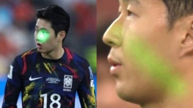 2026 북중미 월드컵 아시아 2차 예선전에서 중국 관중들의 레이저를 맞은 이강인(왼쪽)과 손흥민 [사진 = 서경덕 교수 SNS 갈무리]