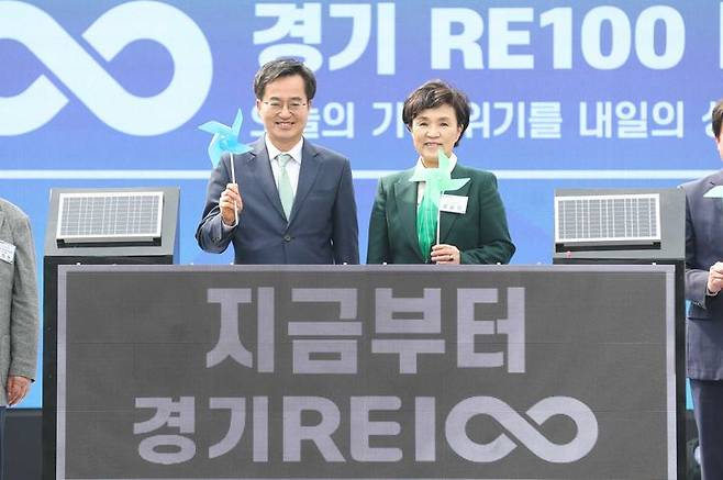 김동연 경기도지사와 강금실 기후대사가 '경기 RE100' 선포 세레머니를 하고 있다. (사진=경기도 제공) *재판매 및 DB 금지