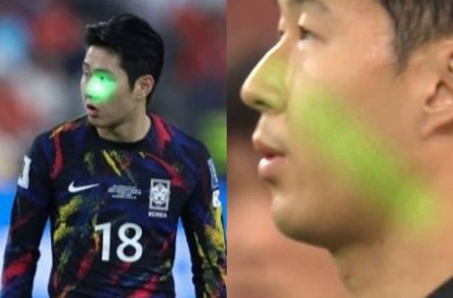 지난 21일 한국과 중국의 2026월드컵 아시아C조 2차전에서 중국 관중이 손흥민(오른쪽), 이강인 얼굴을 향해 레이저 불빛을 발사, 경기를 방해했다.  사진=서경덕 SNS 갈무·뉴스1