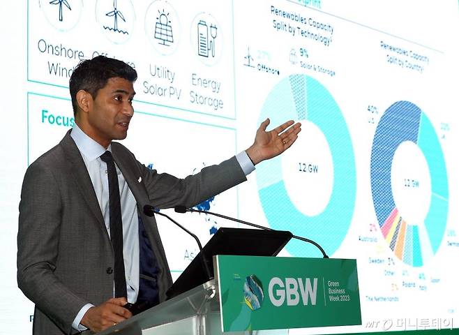 데이비드 존스 RWE RWE 리뉴어블즈코리아 지사장이 22일 서울 강남구 코엑스에서 열린 '그린비즈니스위크 2023'에서 해상풍력과 한국 산업의 기회에 대해 발표하고 있다. /사진=이기범