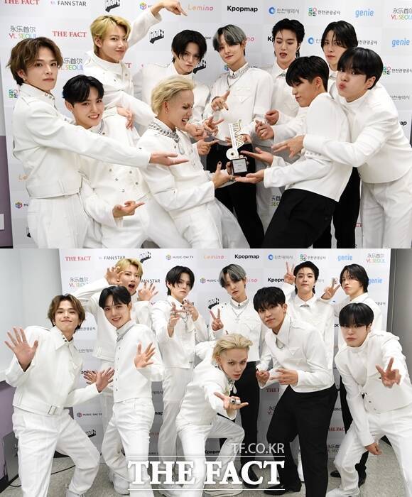 그룹 트레저(TREASURE)가 10월 10일 열린 '2023 더팩트 뮤직 어워즈'에 참석해 인터뷰를 진행했다. 트레저는 이날 올해의 아티스트를 받으며 2년 연속 수상의 기쁨을 누렸다. /배정한 기자