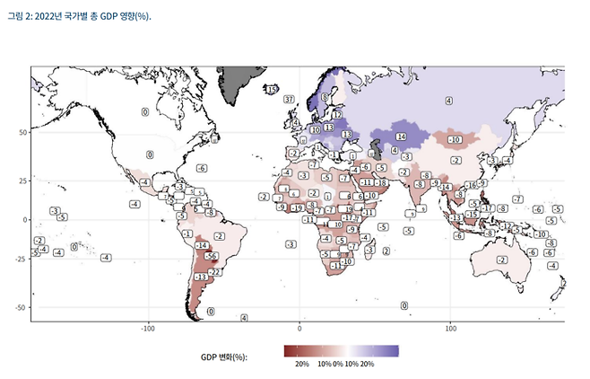 2022년 기후변화로 인한 국가별 GDP 손실률을 나타낸 지도. 보고서 갈무리(인공지능 번역 활용)
