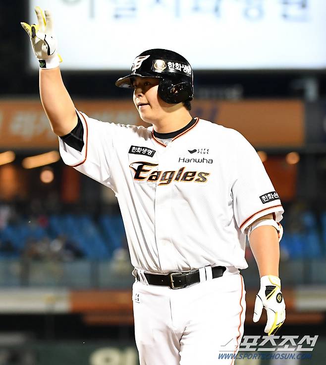 2023 KBO리그 한화 이글스와 KIA 타이거즈의 경기가 21일 대전 한화생명이글스파크에서 열렸다. 한화 노시환이 안타를 날린 뒤 환호하고 있다. 대전=박재만 기자pjm@sportschosun.com/2023.09.21/