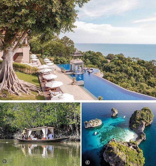 ②‘무코란타 국립공원’ 인근에 위치한 피말라이 리조트. ③랏보내강을 중심으로 형성된 맹그로브숲을 구경하는 관광객들. ④해가 지는 ‘선셋 아일랜드’로 불리는 섬 ‘코 하’. /피말라이 리조트·헤븐스 포트폴리오