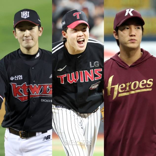 '2023 조아제약 프로야구 대상' 시상식에서 최고투수상을 놓고 경쟁하는 KT 고영표(왼쪽부터)-LG 임찬규-키움 안우진. IS 포토