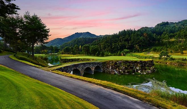 연못에 떠 있는 아일랜드 체리 코스 파3 2번 홀은 한 폭의 그림 같은 시그니처 홀이다.