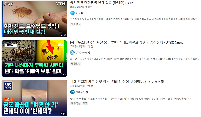 유튜브에 ‘빈대’를 검색한 결과. ⓒ유튜브 갈무리