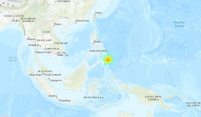 지난 2일(현지시간) 밤 오후 11시 37분쯤 필리핀 민다나오섬 인근에선 리히터 규모 7.6의 강진이 발생했다. (미국지질조사국 갈무리)