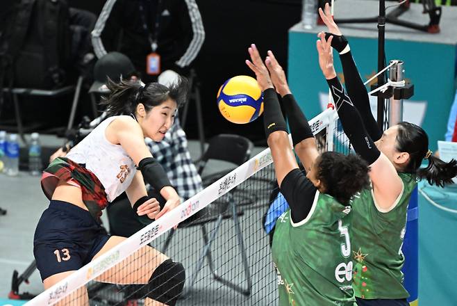 공격하는 현대건설 정지윤. KOVO 제공