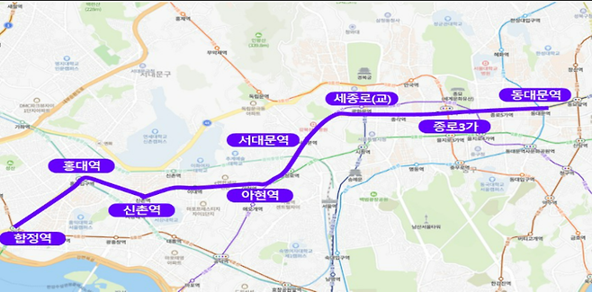 서울시에서 4일부터 심야 자율주행버스가 운행한다. 합정역~동대문역 9.8㎞ 구간을 운행한다. 사진은 노선도. 서울시 제공