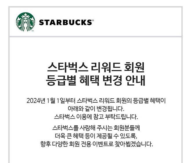스타벅스 리워드 회원 등급별 혜택 변경 안내문 [스타벅스 앱 캡처]
