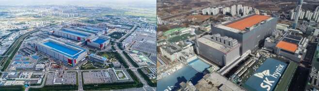 왼쪽부터 삼성전자 평택캠퍼스, SK하이닉스 이천 M16 공장 전경./각 사 제공