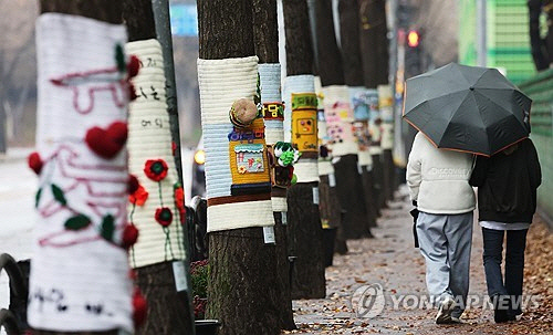 비가 내린 27일 오전 경기도 광명시 하안동의 한 거리에서 우산을 쓴 시민들이 뜨개옷 입은 가로수길을 걷고 있다. [광명=연합뉴스]