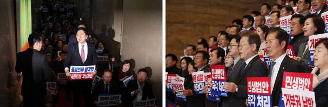 [왼쪽] 1일 국회 본회의 개회 직전 의장실 앞에 모인 김기현 국민의힘 대표 등이 본회의장으로 가는 김진표 의장을 향해 소리를 지르고 있다. [오른쪽]1일 국회 로텐더홀 계단에서 이재명 민주당 대표 등이 대통령 거부권 남발 규탄 및 민생법안 처리 촉구 대회를 하고 있다.