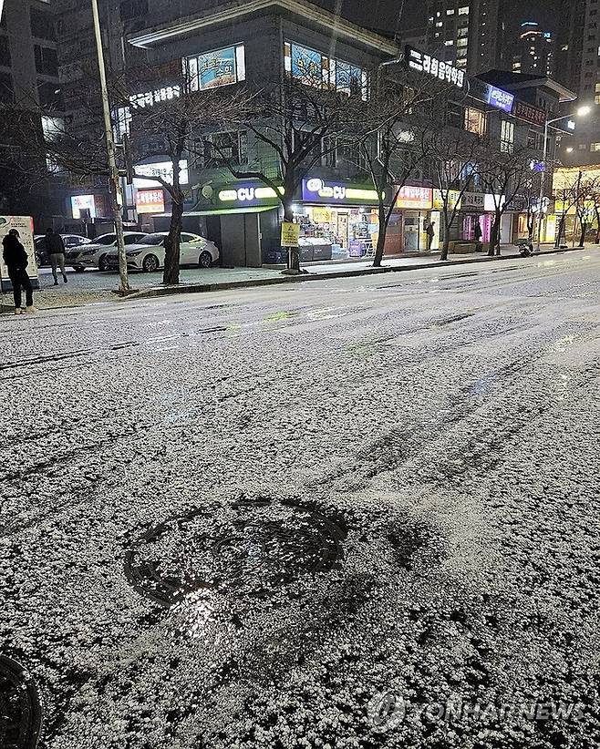 6일 오후 부산 연제구 도로에 우박이 내리고 있다. [사진 출처 = 연합뉴스]