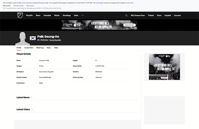 백승호 프로필이 2023년 12월4일 북아메리카 메이저리그사커(MLS) 공식 홈페이지에 업데이트됐다.
