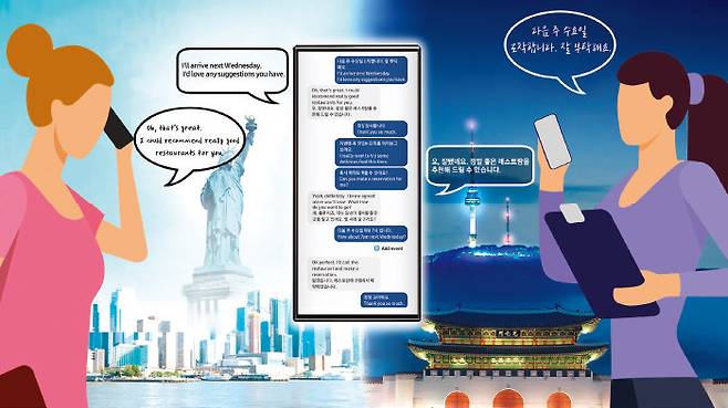 내년 출시 예정인 삼성전자 스마트폰 갤럭시 S24에 탑재될 ‘AI 라이브 통역 콜’ 기능 개념도. [삼성전자 제공]