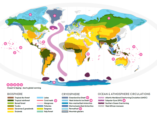 전 세계 생태 티핑포인트 지점과 붕괴에 임박한 주요 지점. '글로벌 티핑포인트 2023' 보고서 캡처