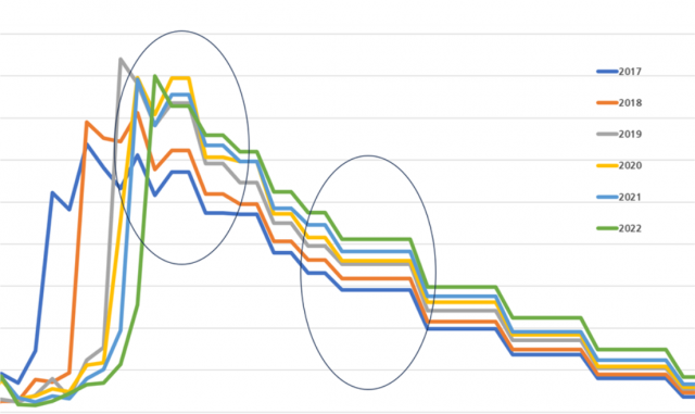 ▲ 고용노동부 '고용형태별 근로실태조사' 통계자료로 그린 2017~2022년 임금분포곡선 그래프. ⓒ오민규 노동문제연구소 '해방' 연구실장