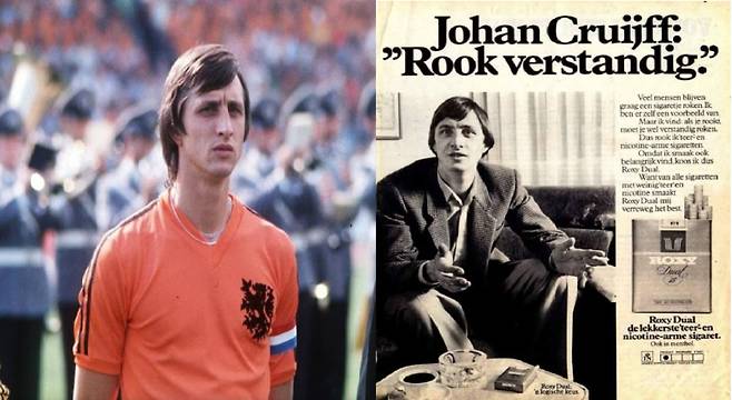 발롱도르를 세 차례 수상한 요한 크루이프 . 오른쪽은 네덜란드 담배 브랜드인 록시 광고에 등장한 크루이프. 광고에 새겨진 네덜란드어 “Rook Verstandig”는 “Smoke Wisely(현명하게 담배를 피워라)”는 의미다. 한편 네덜란드 정부는 2003년부터 담배광고를 금지했고, 2년 후 록시 담배는 역사 속으로 사라졌다. 사진=UEFA, 록시