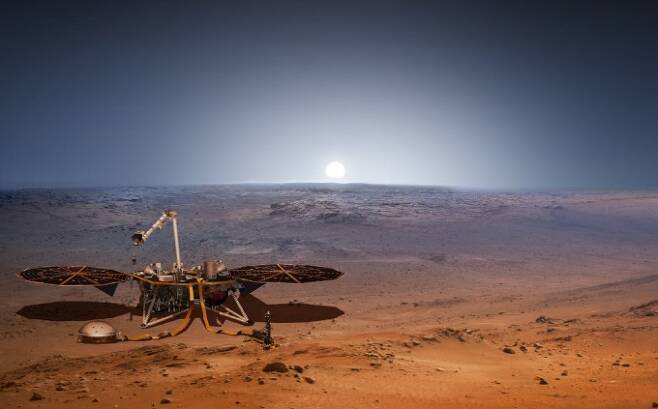미국항공우주국(NASA)의 화성 탐사선 ‘인사이트’. 화진을 탐지할 수 있는 지진계(작은 사진)를 탑재했다. NASA/JPL-Caltech 제공