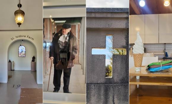 왼쪽부터 이시도르카페 입구, 성이시돌목장을 일군 故 패트릭 제임스 맥그린치신부, 새미은총의 동산. 성이시돌목장 내 우유부단카페에서 파는 유기농 소프트아이스크림. 제주 강동삼 기자